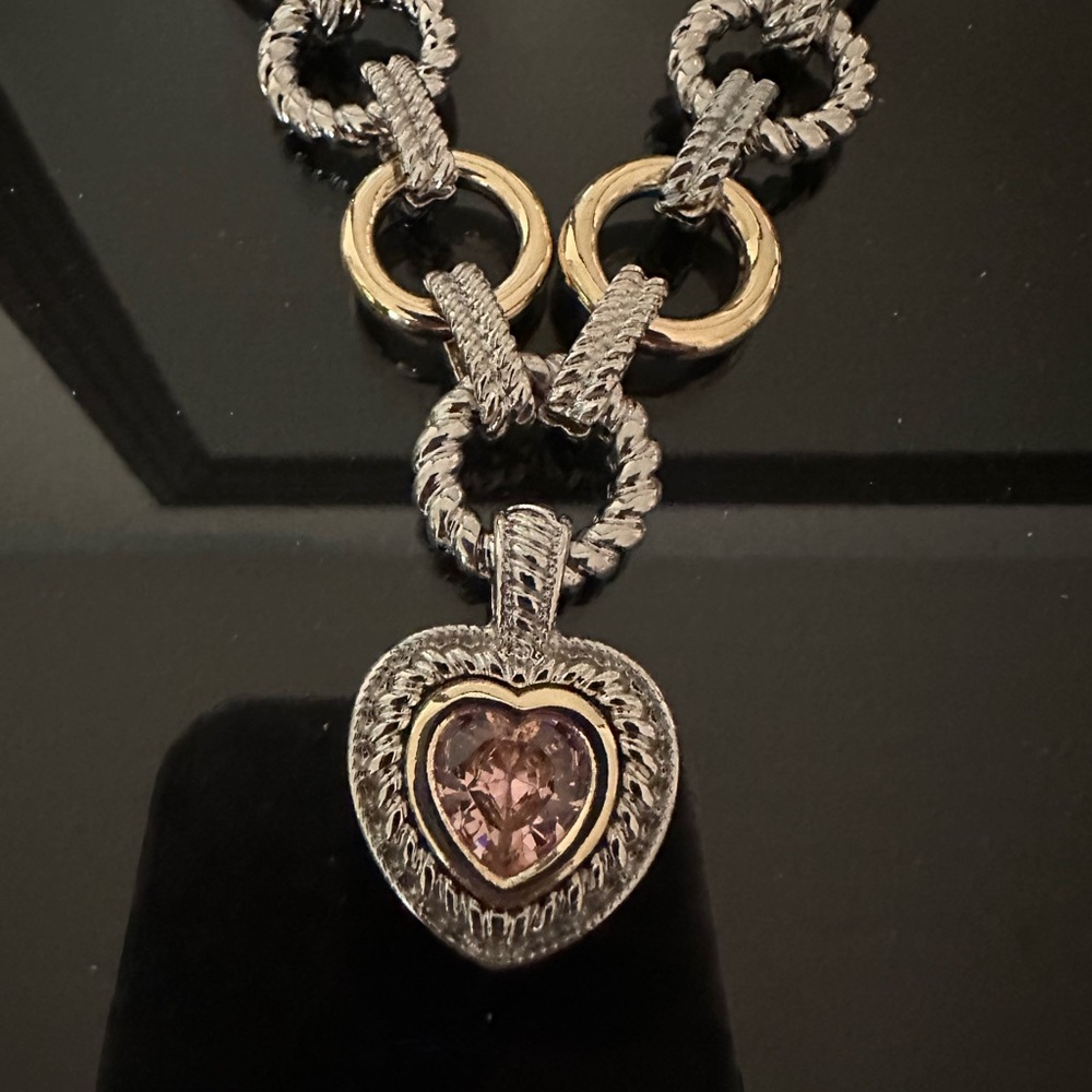 Two-Tone Heart Pendant Necklace with Pink Gemstone Accent